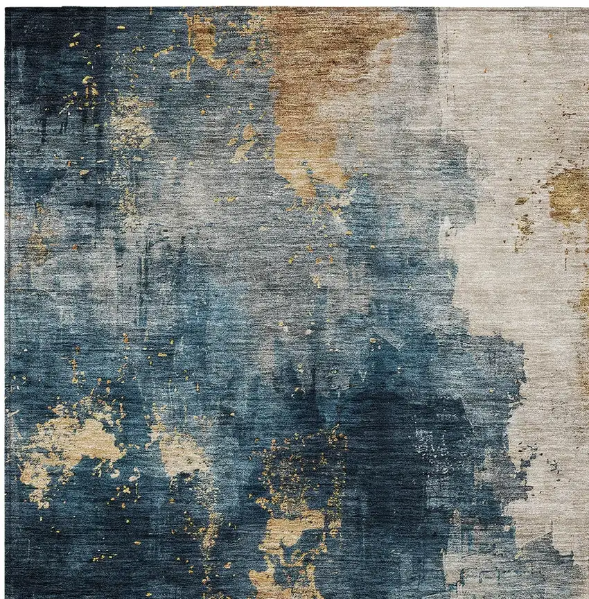 Blue Gray And Gold Abstract Washable Indoor Outdoor Area Rug Photo 5