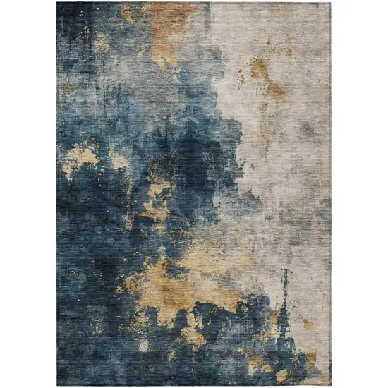 Blue Gray And Gold Abstract Washable Indoor Outdoor Area Rug Photo 2