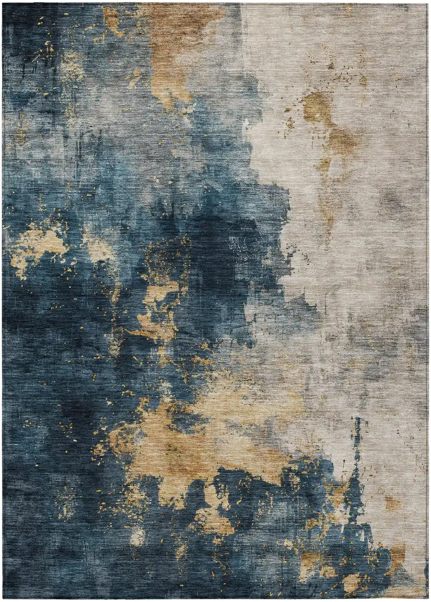 Blue Gray And Gold Abstract Washable Indoor Outdoor Area Rug Photo 2