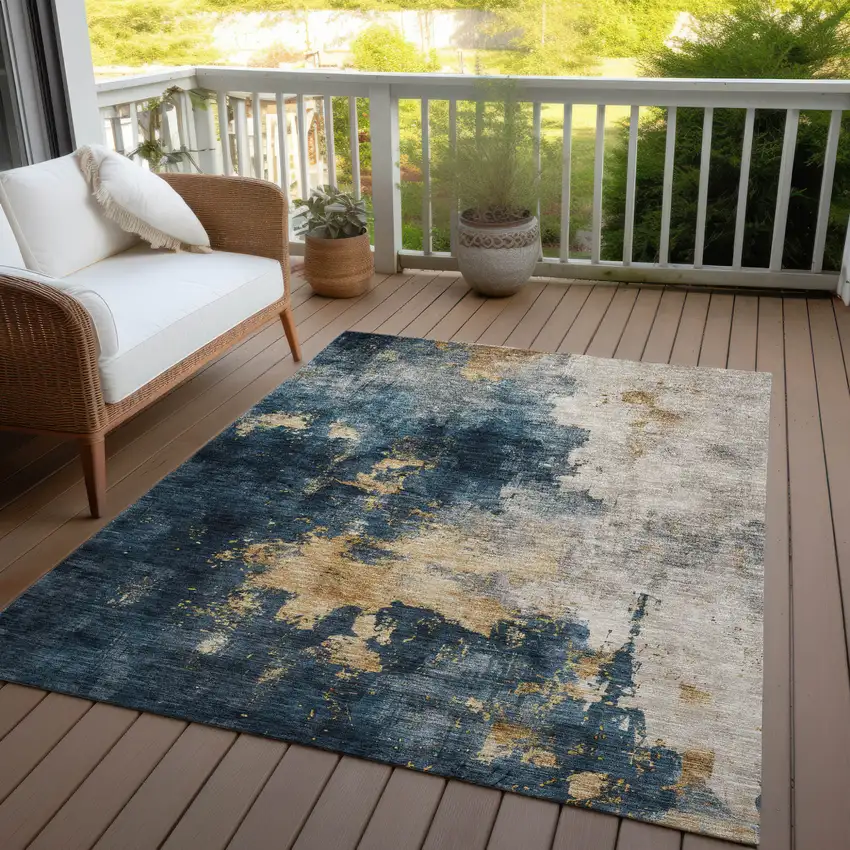 Blue Gray And Gold Abstract Washable Indoor Outdoor Area Rug Photo 7
