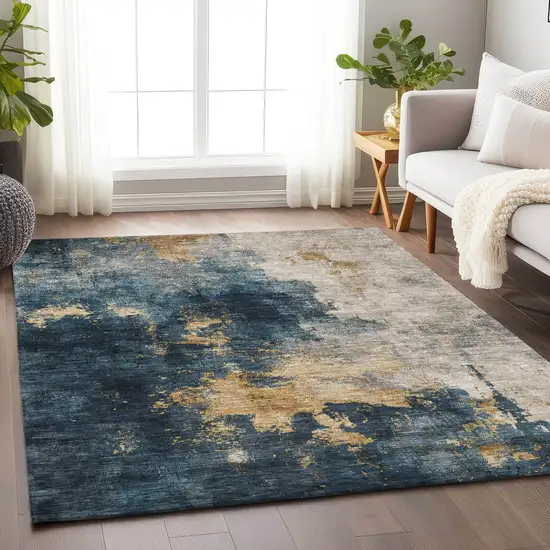 Blue Gray And Gold Abstract Washable Indoor Outdoor Area Rug Photo 8