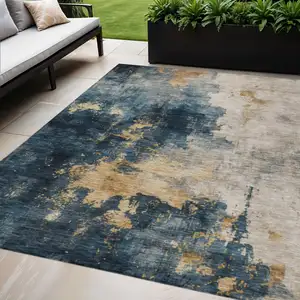 Photo of Blue Gray And Gold Abstract Washable Indoor Outdoor Area Rug