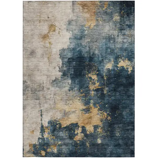 Blue Gray And Gold Abstract Washable Indoor Outdoor Area Rug Photo 6