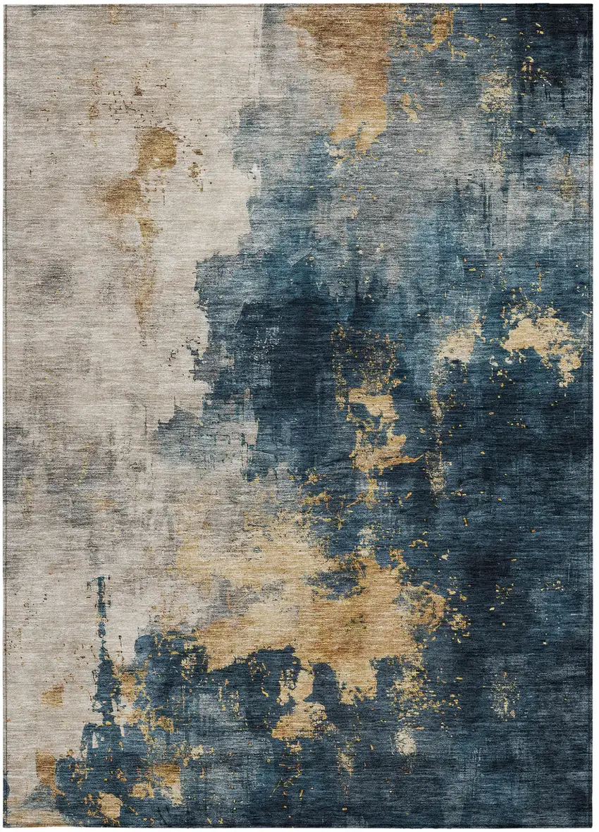 Blue Gray And Gold Abstract Washable Indoor Outdoor Area Rug Photo 6