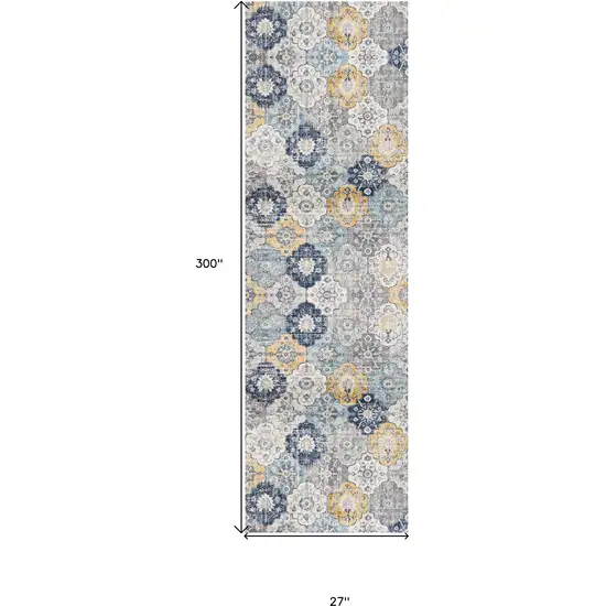 Blue Gray And Gold Floral Medallion Runner Rug Photo 6
