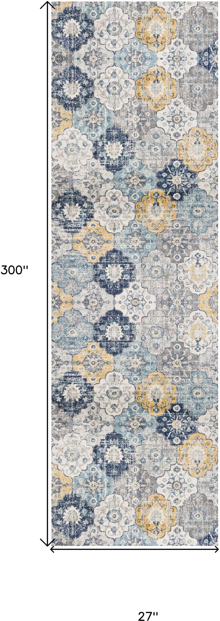 Blue Gray And Gold Floral Medallion Runner Rug Photo 6