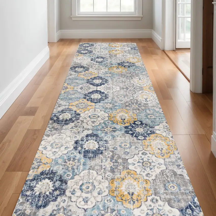 Blue Gray And Gold Floral Medallion Runner Rug Photo 1