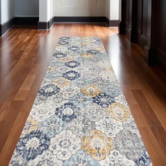 Blue Gray And Gold Floral Medallion Runner Rug Photo 3
