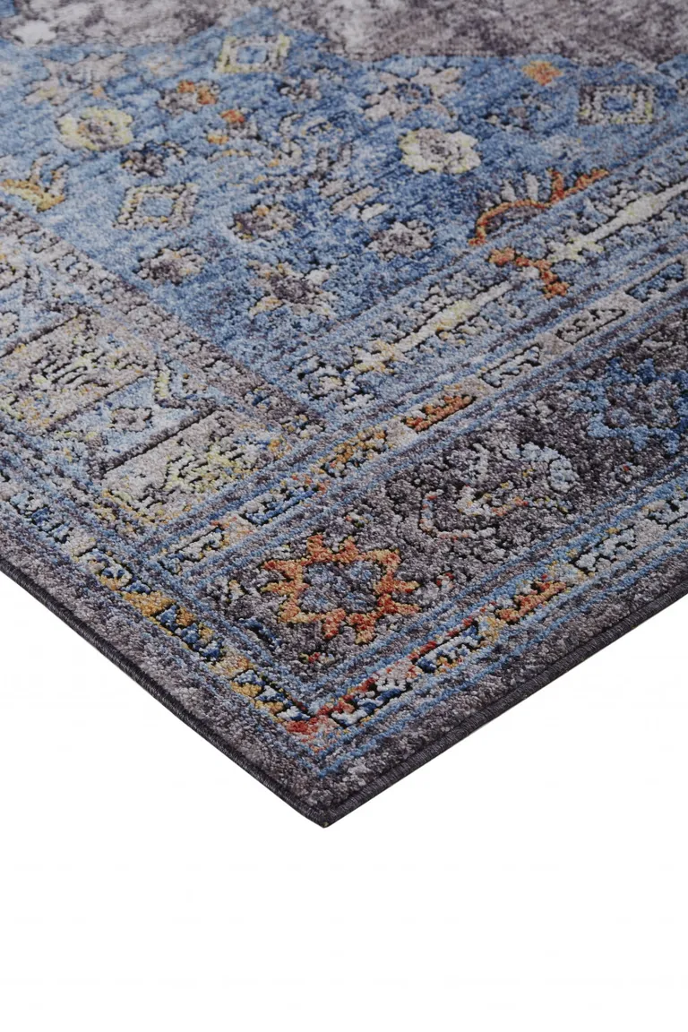Blue Gray And Gold Floral Stain Resistant Area Rug Photo 5