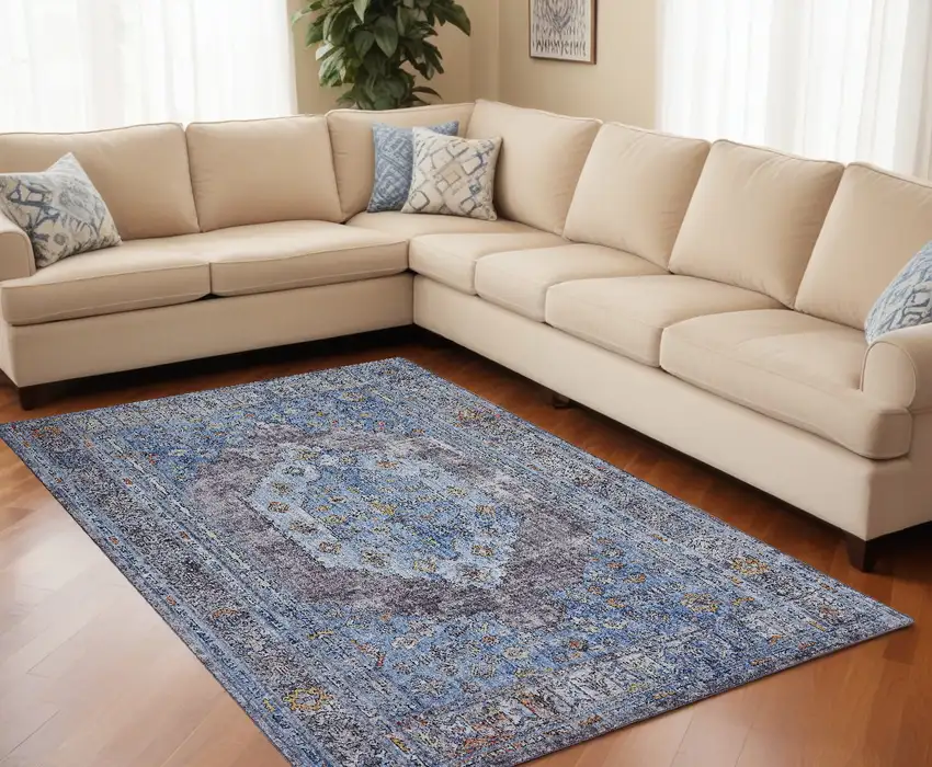 Blue and Gray Floral Area Rug Photo 1