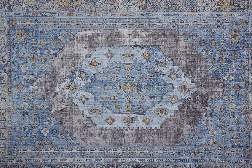 Blue Gray And Gold Floral Stain Resistant Area Rug Photo 8