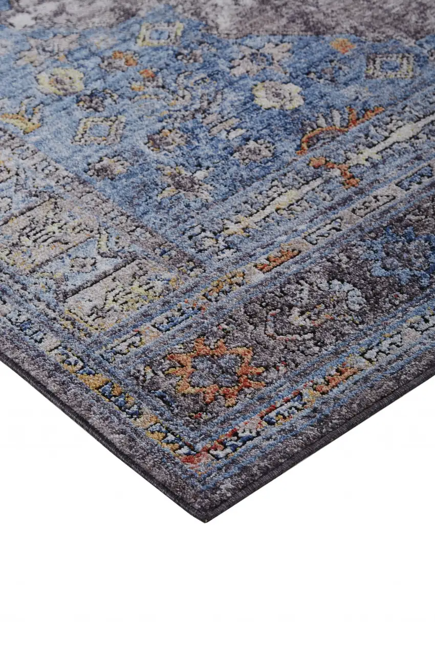 Blue Gray And Gold Floral Stain Resistant Area Rug Photo 6