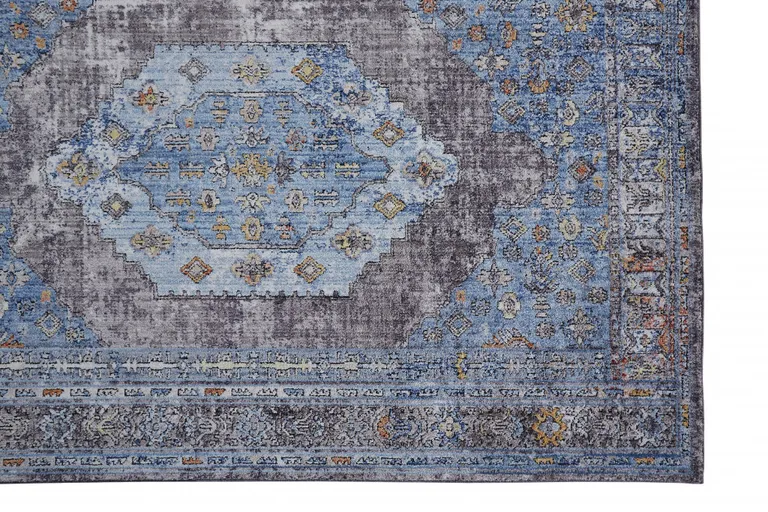 Blue Gray And Gold Floral Stain Resistant Area Rug Photo 4