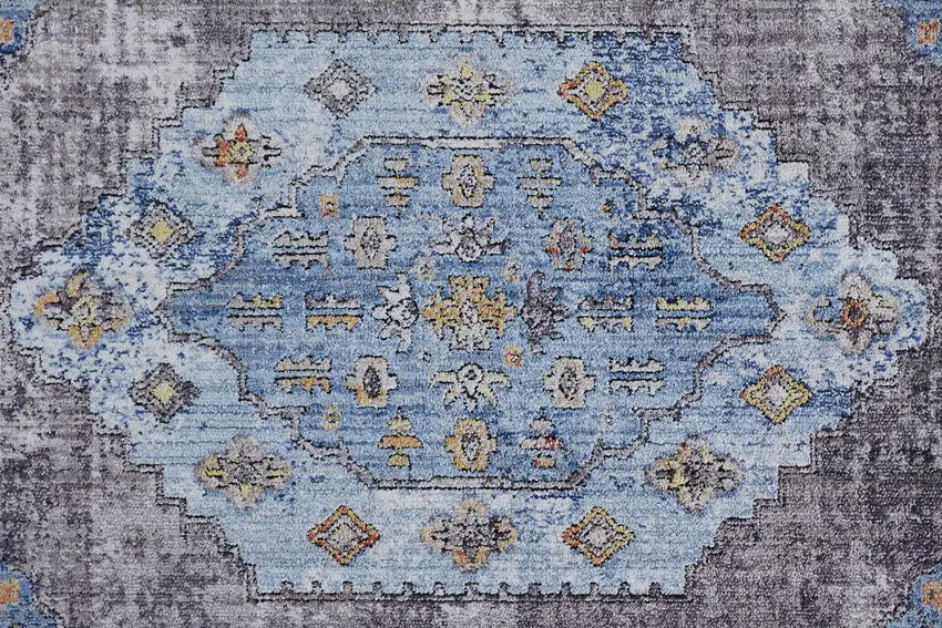 Blue Gray And Gold Floral Stain Resistant Area Rug Photo 7