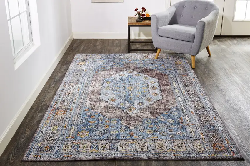 Blue Gray And Gold Floral Stain Resistant Area Rug Photo 9