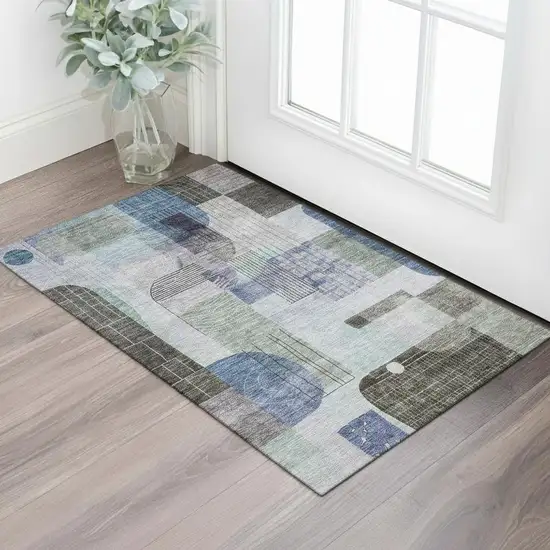 Blue Gray And Green Abstract Geometric Washable Area Rug With UV Protection Photo 2