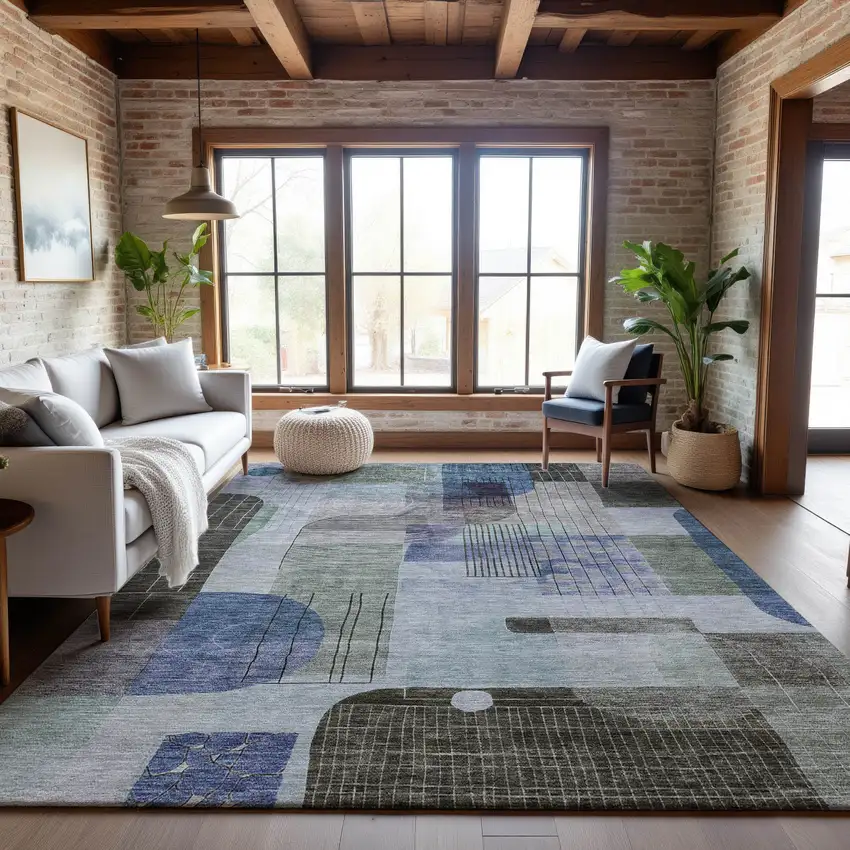 Blue Gray And Green Abstract Geometric Washable Area Rug With UV Protection Photo 4