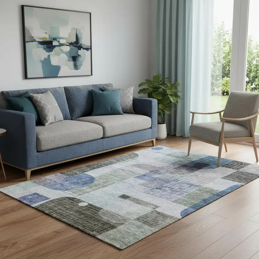 Blue Gray And Green Abstract Geometric Washable Area Rug With UV Protection Photo 2