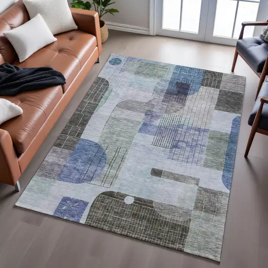 Blue Gray And Green Abstract Geometric Washable Area Rug With UV Protection Photo 5