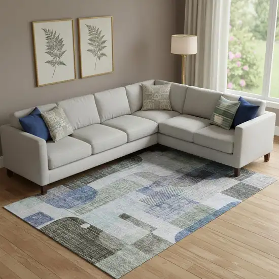 Blue Gray And Green Abstract Geometric Washable Area Rug With UV Protection Photo 2