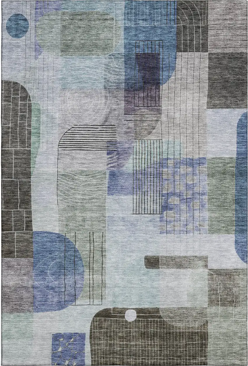 Blue Gray And Green Abstract Geometric Washable Area Rug With UV Protection Photo 1