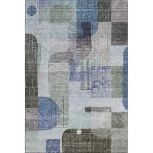 Photo of Blue Gray And Green Abstract Geometric Washable Area Rug With UV Protection