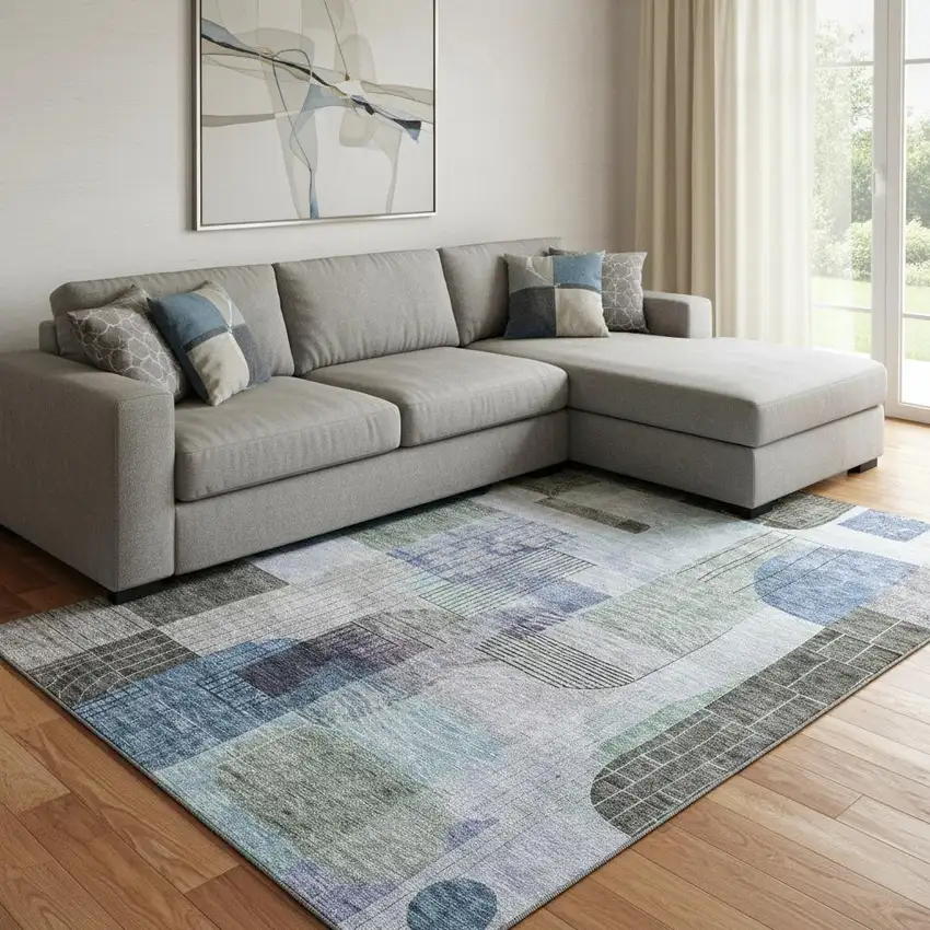 Blue Gray And Green Abstract Geometric Washable Area Rug With UV Protection Photo 2
