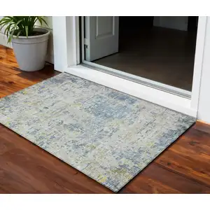Photo of Blue Gray And Green Abstract Washable Indoor Outdoor Area Rug