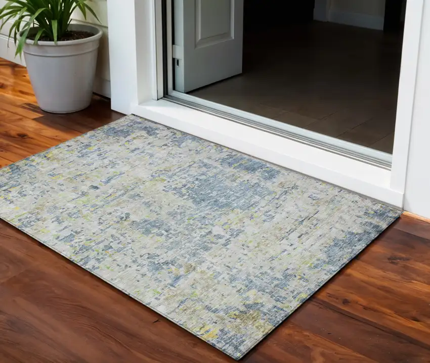 Blue Gray And Green Abstract Washable Indoor Outdoor Area Rug Photo 1
