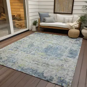 Photo of Blue Gray And Green Abstract Washable Indoor Outdoor Area Rug