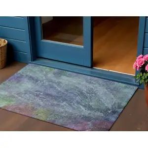 Photo of Blue Gray And Green Abstract Washable Indoor Outdoor Area Rug