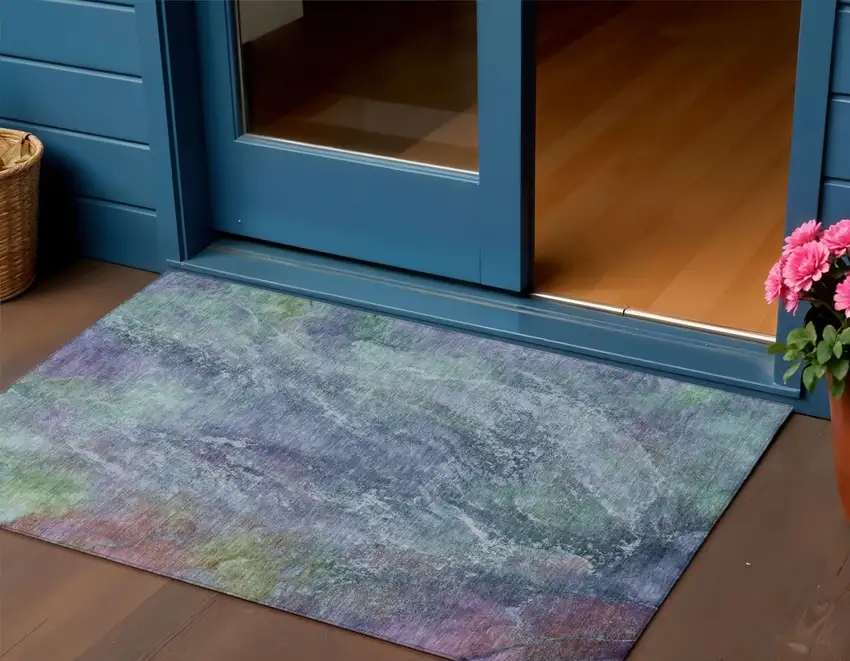 Blue Gray And Green Abstract Washable Indoor Outdoor Area Rug Photo 1