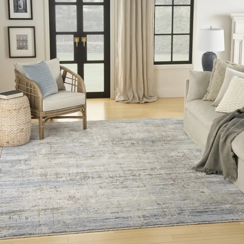 Blue Gray And Ivory Abstract Area Rug With Fringe Photo 5