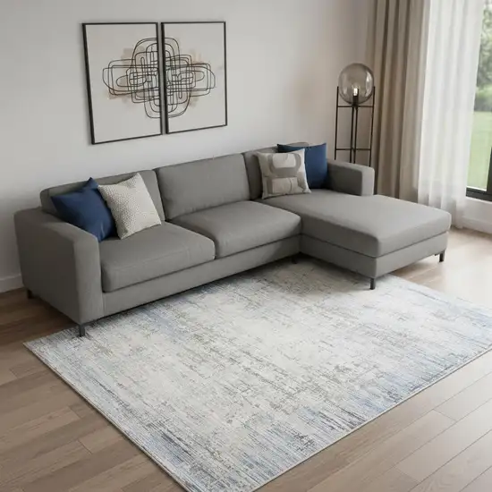 Blue Gray And Ivory Abstract Area Rug With Fringe Photo 1