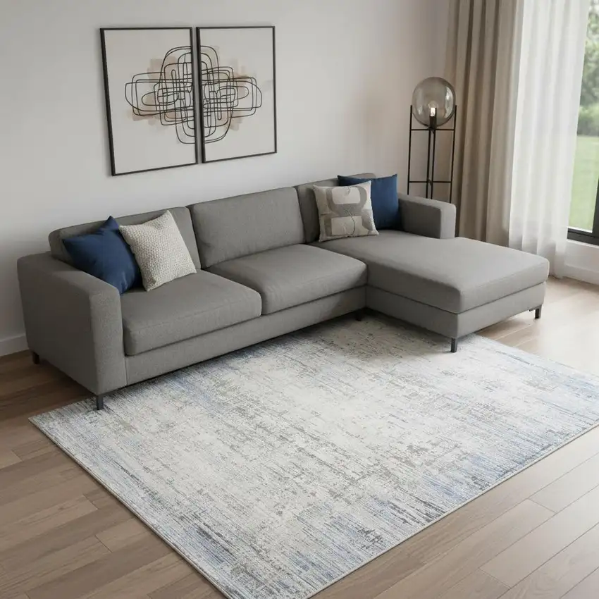 Blue Gray And Ivory Abstract Area Rug With Fringe Photo 1