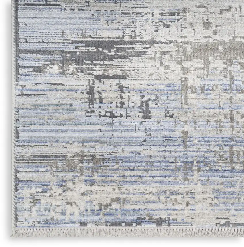 Blue Gray And Ivory Abstract Area Rug With Fringe Photo 9