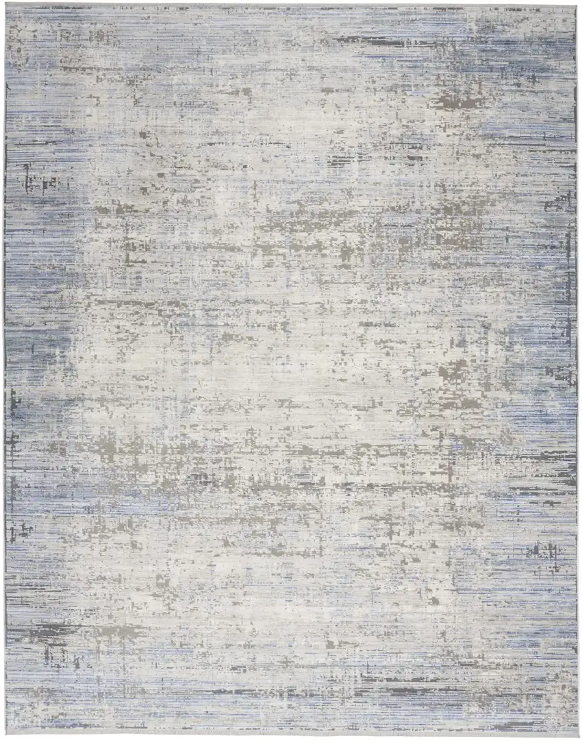 Blue Gray And Ivory Abstract Area Rug With Fringe Photo 2