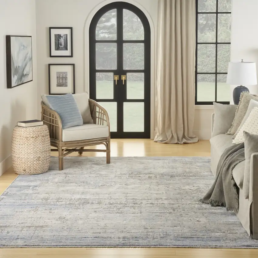 Blue Gray And Ivory Abstract Area Rug With Fringe Photo 6