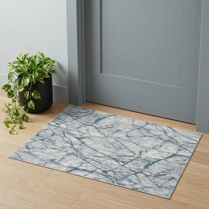 Blue Gray And Ivory Abstract Distressed Stain Resistant Area Rug Photo 1
