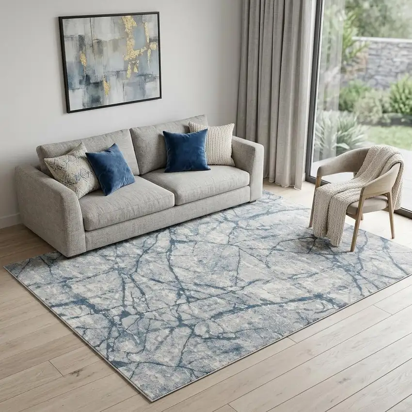 Blue Gray And Ivory Abstract Distressed Stain Resistant Area Rug Photo 1