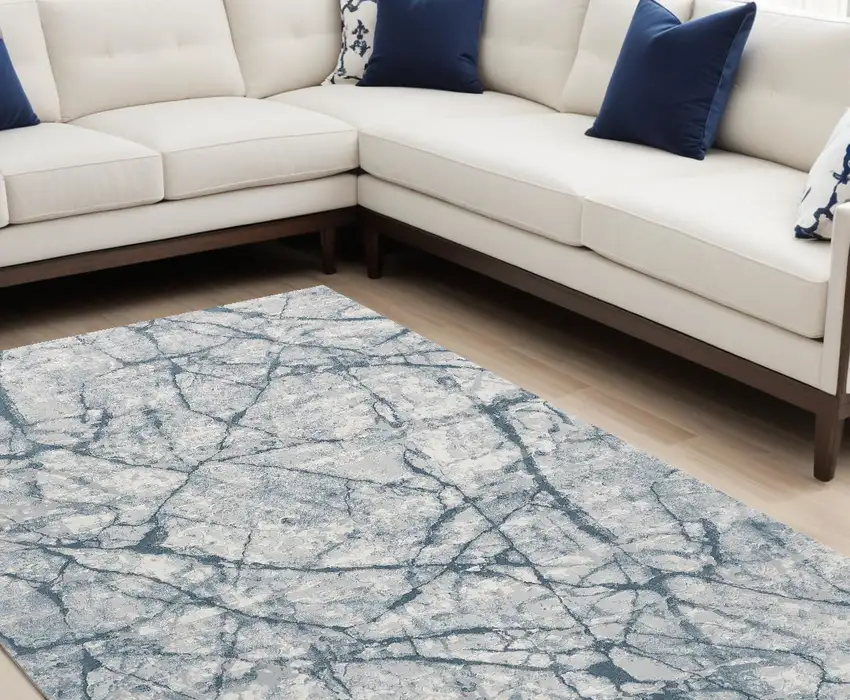 Blue Gray And Ivory Abstract Distressed Stain Resistant Area Rug Photo 1