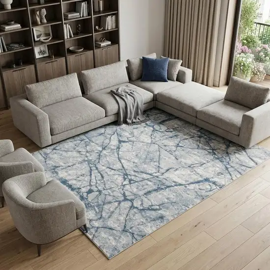 Blue Gray And Ivory Abstract Distressed Stain Resistant Area Rug Photo 1