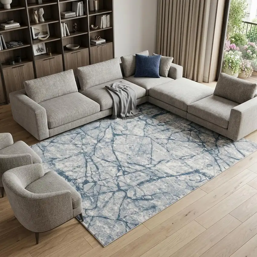 Blue Gray And Ivory Abstract Distressed Stain Resistant Area Rug Photo 1