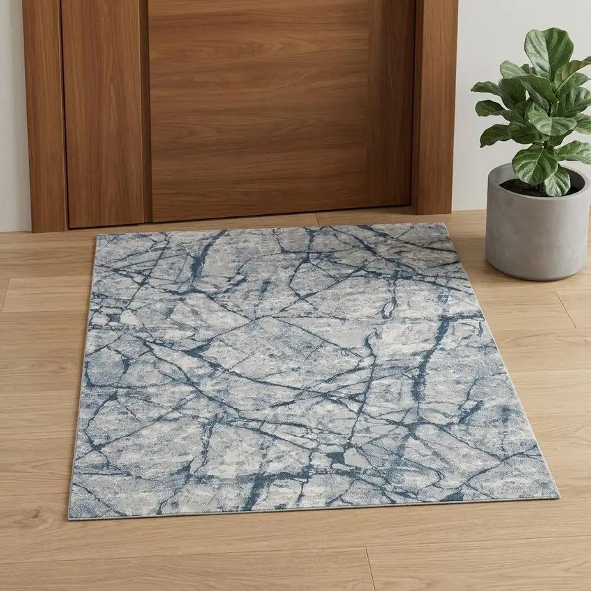 Blue Gray And Ivory Abstract Distressed Stain Resistant Area Rug Photo 1