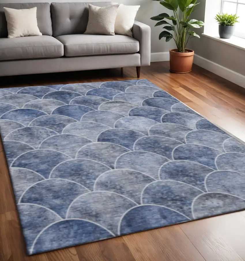 Blue Gray And Ivory Abstract Geometric Washable Area Rug With UV Protection Photo 2