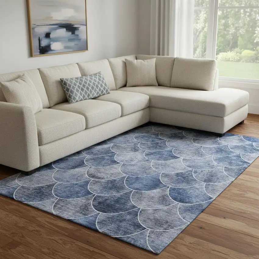Blue Gray And Ivory Abstract Geometric Washable Area Rug With UV Protection Photo 1