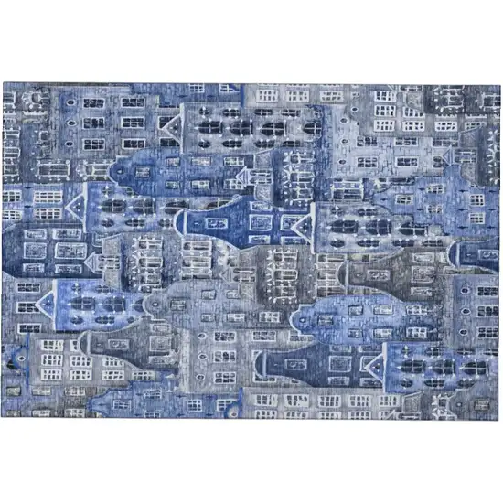 Blue Gray And Ivory Abstract Geometric Washable Area Rug With UV Protection Photo 2