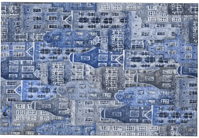 Blue Gray And Ivory Abstract Geometric Washable Area Rug With UV Protection Photo 2
