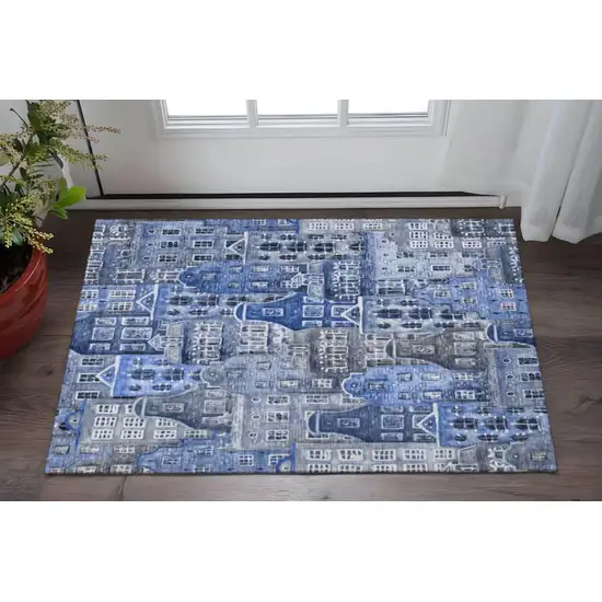 Blue Gray And Ivory Abstract Geometric Washable Area Rug With UV Protection Photo 2