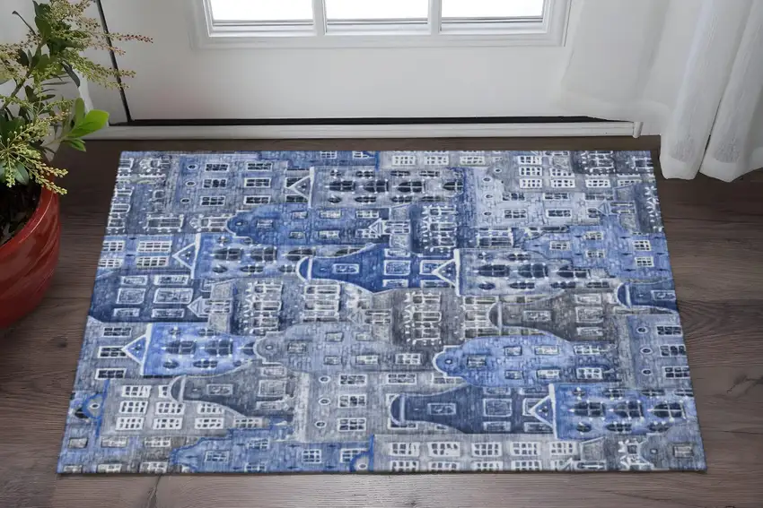 Blue Gray And Ivory Abstract Geometric Washable Area Rug With UV Protection Photo 2